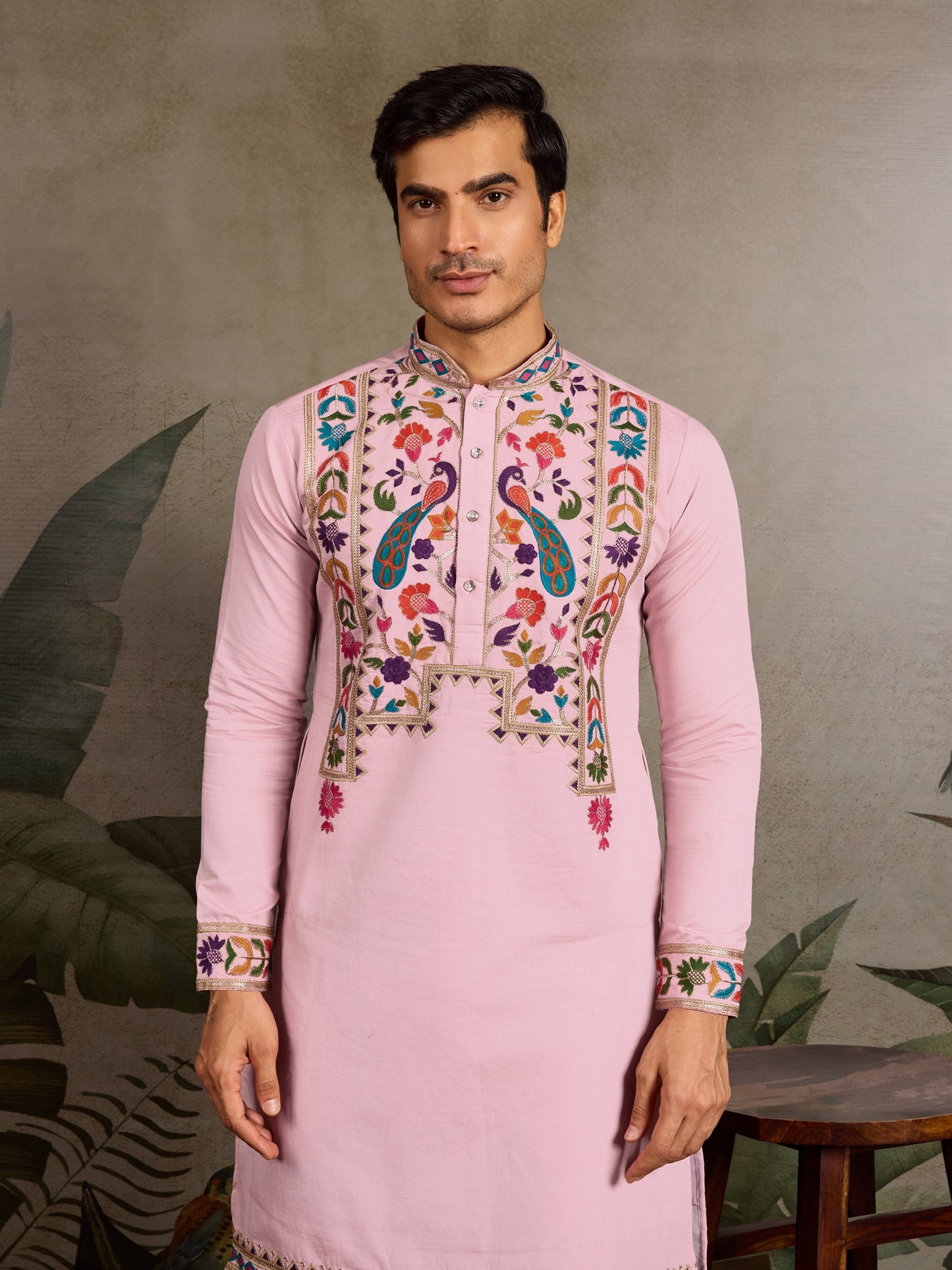 Men’s Pink Embroidered Viscose Silk Kurta