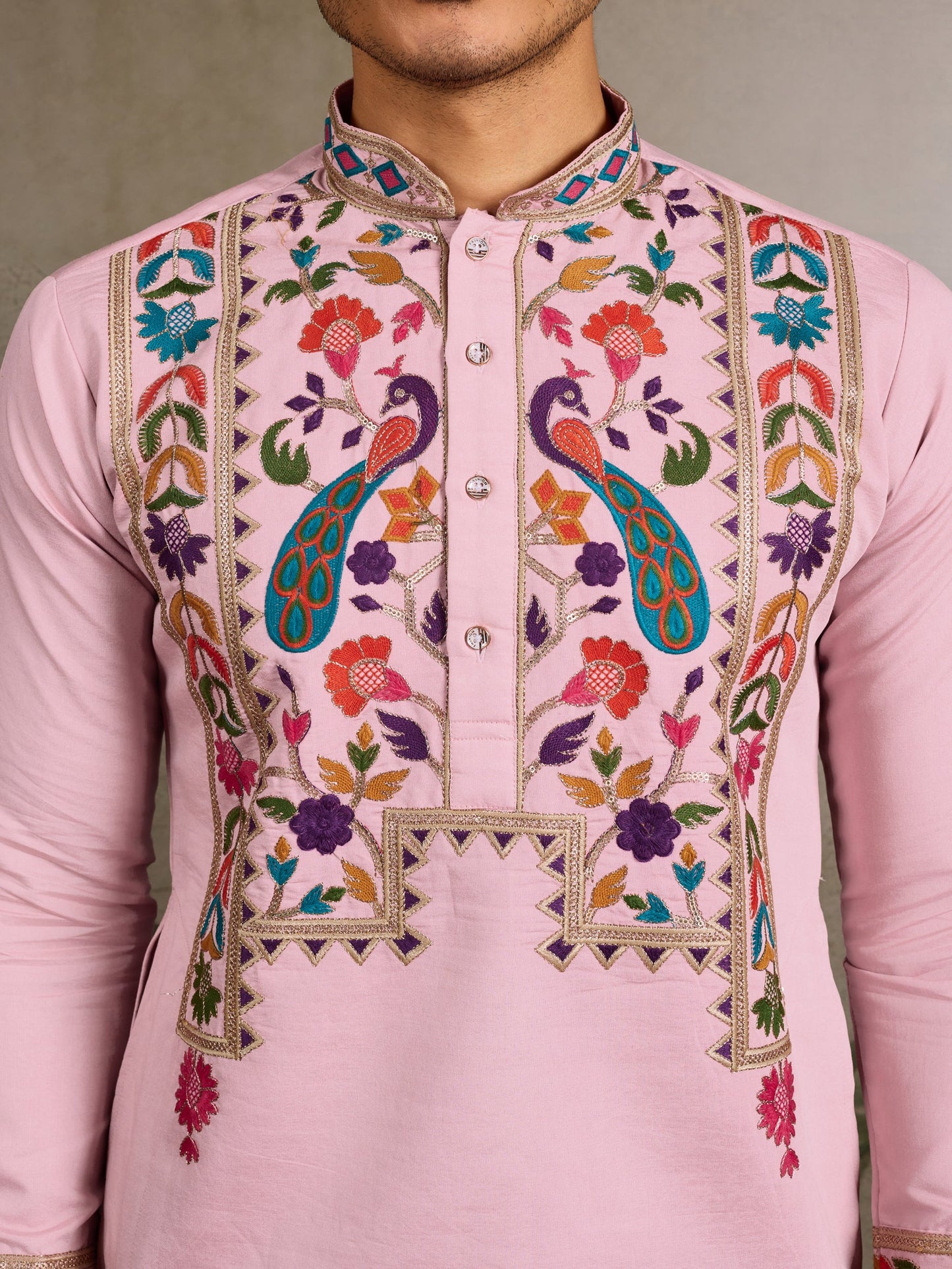 Men’s Pink Embroidered Viscose Silk Kurta