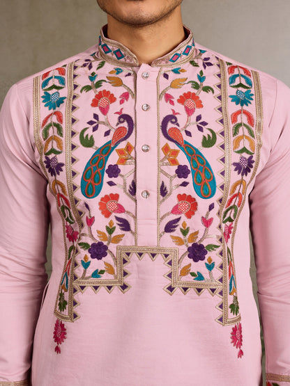 Men’s Pink Embroidered Viscose Silk Kurta