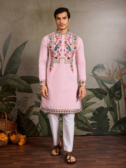 Men’s Pink Embroidered Viscose Silk Kurta