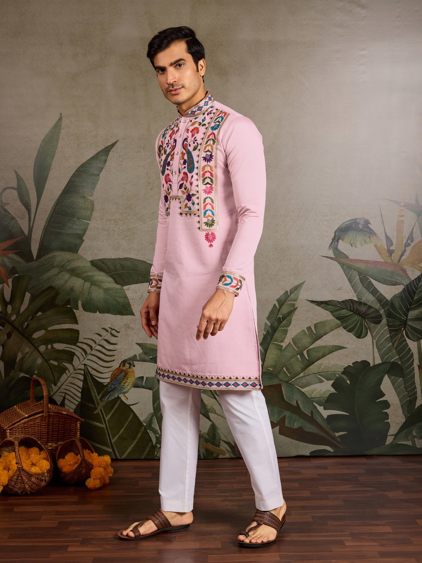 Men’s Pink Embroidered Viscose Silk Kurta