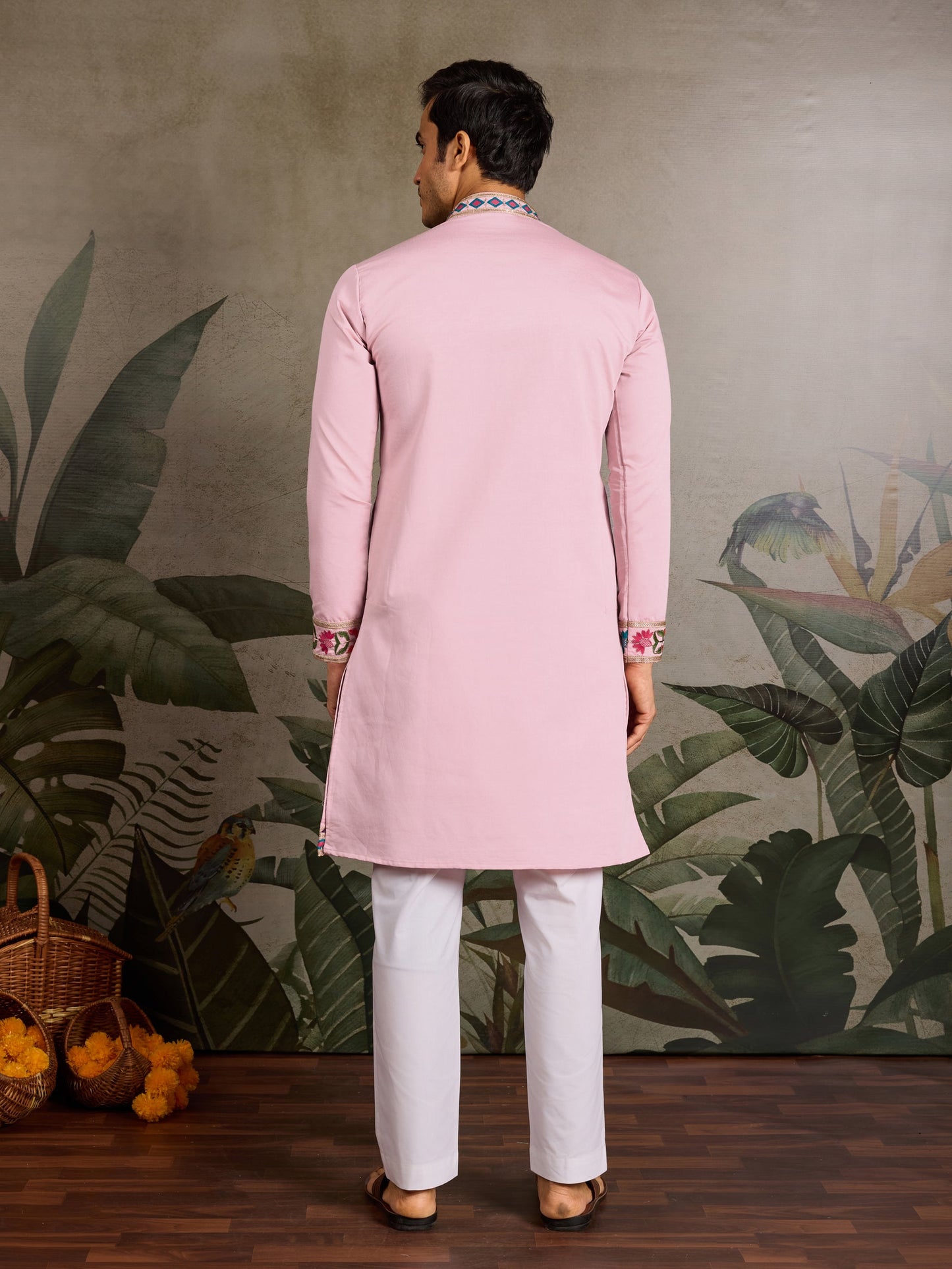 Men’s Pink Embroidered Viscose Silk Kurta