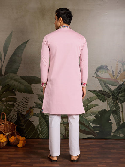 Men’s Pink Embroidered Viscose Silk Kurta