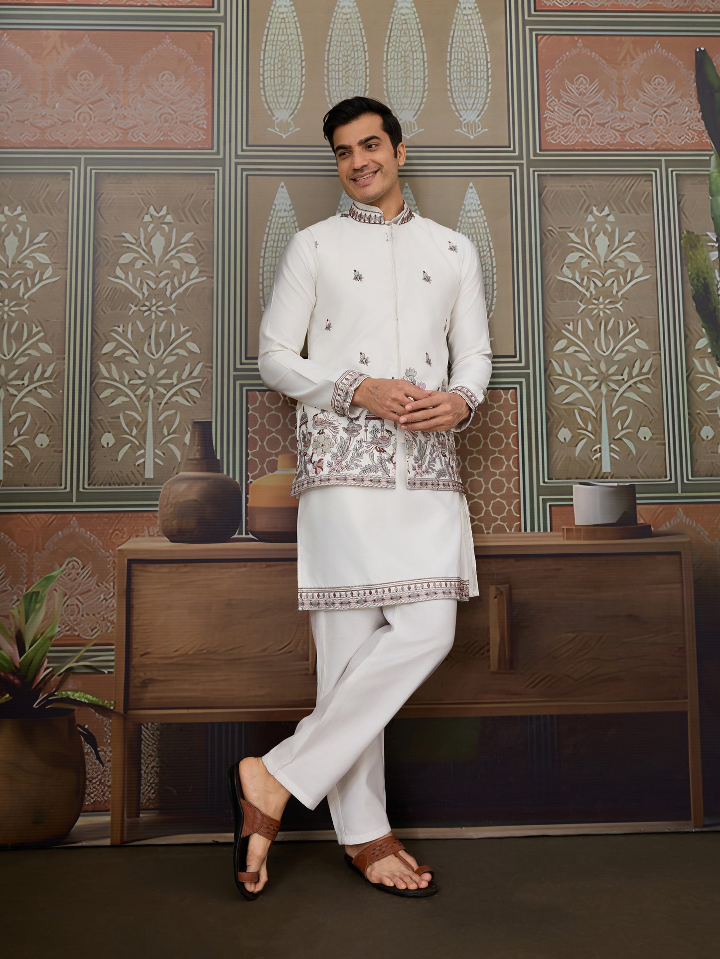 Ivory Silk Embroidered Kurta – Regal Bird & Floral Harmony Design