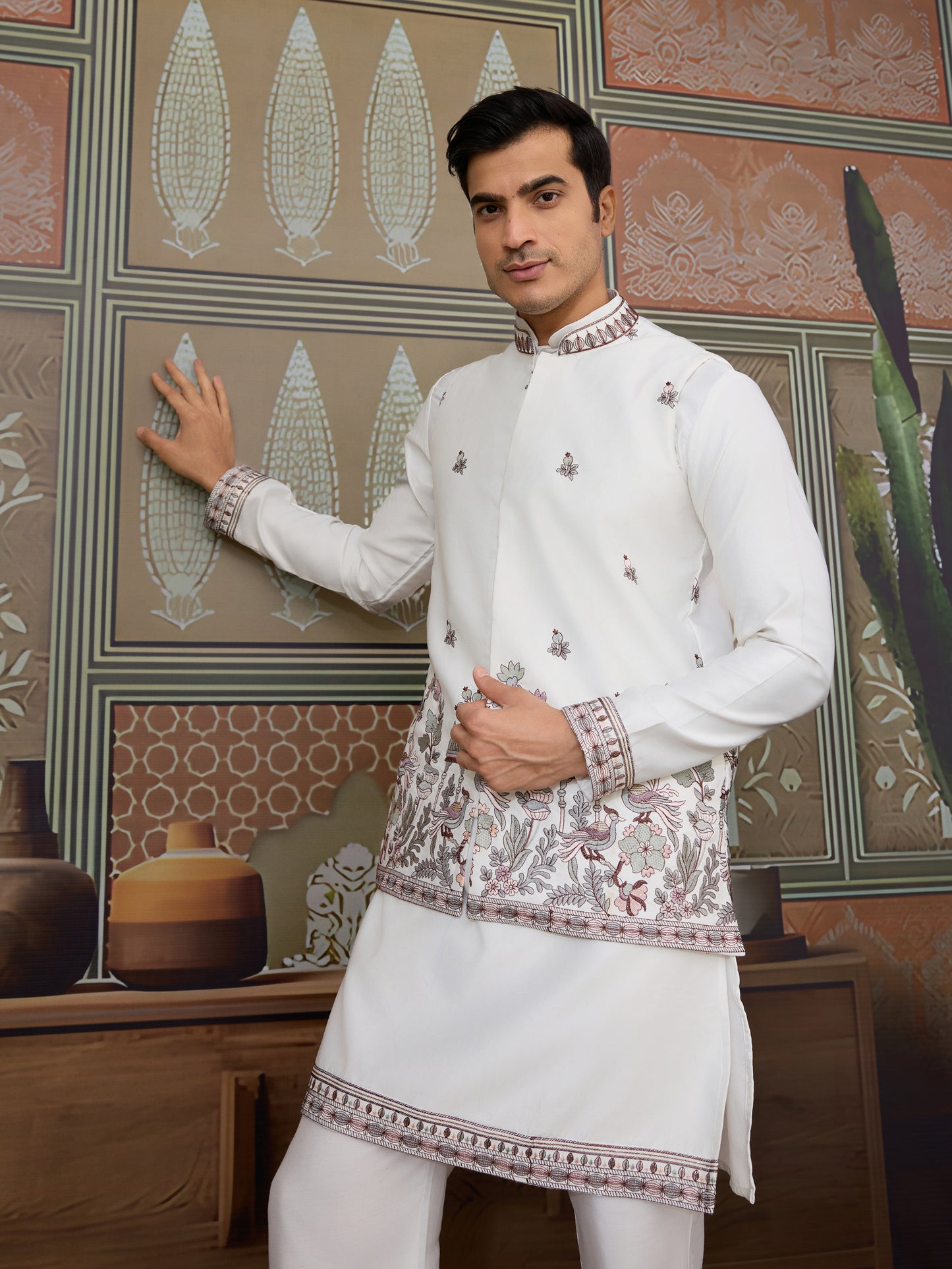 Ivory Silk Embroidered Kurta – Regal Bird & Floral Harmony Design