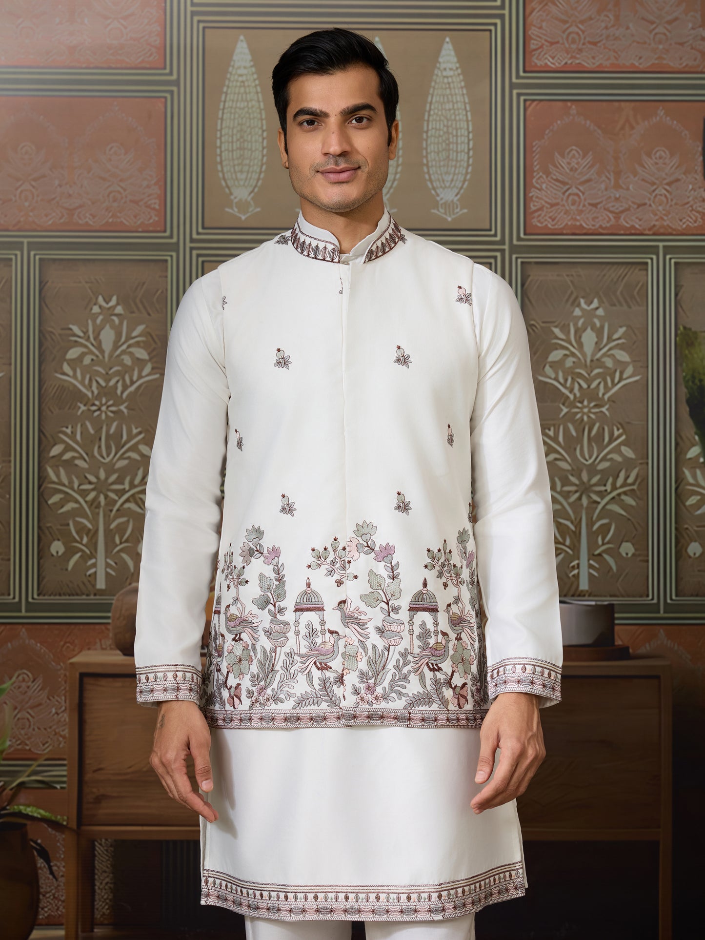 Ivory Silk Embroidered Kurta – Regal Bird & Floral Harmony Design
