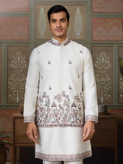 Ivory Silk Embroidered Kurta – Regal Bird & Floral Harmony Design