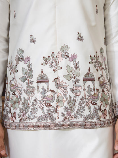 Ivory Silk Embroidered Kurta – Regal Bird & Floral Harmony Design