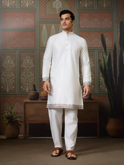 Ivory Silk Embroidered Kurta – Regal Bird & Floral Harmony Design