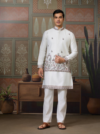 Ivory Silk Embroidered Kurta – Regal Bird & Floral Harmony Design