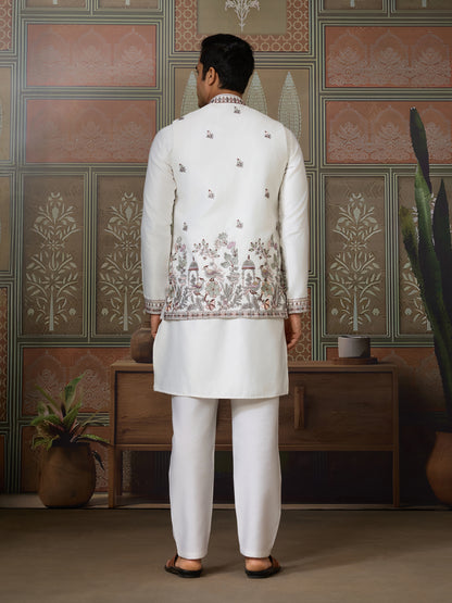 Ivory Silk Embroidered Kurta – Regal Bird & Floral Harmony Design