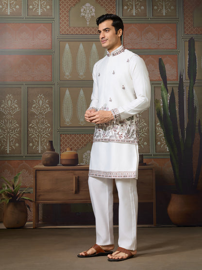 Ivory Silk Embroidered Kurta – Regal Bird & Floral Harmony Design