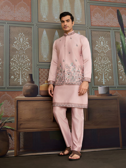 Elegant Blush Pink Embroidered Kurta Set for Men