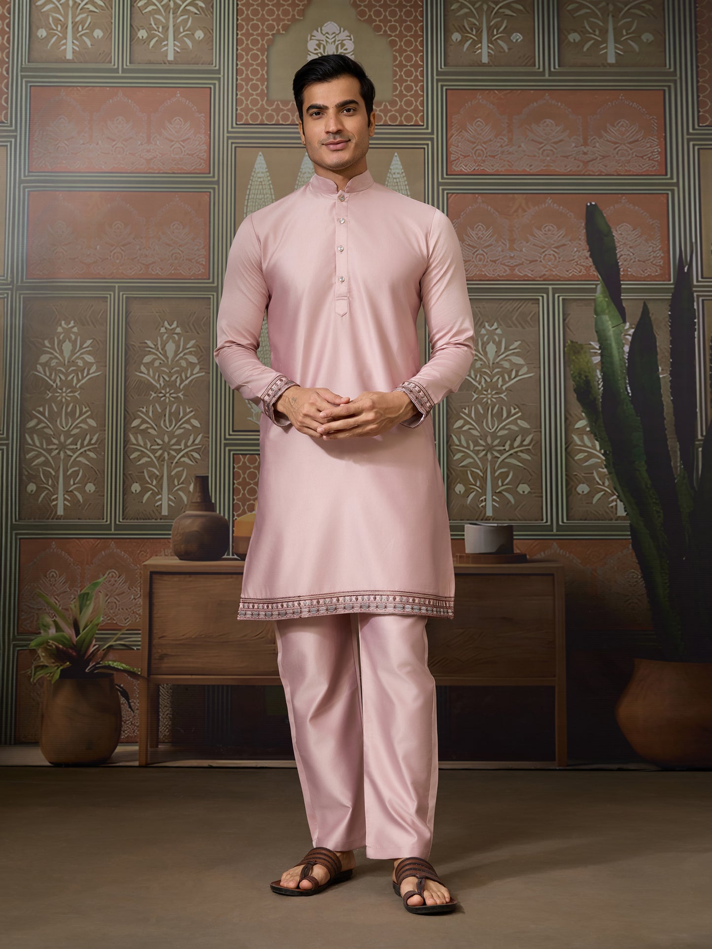 Elegant Blush Pink Embroidered Kurta Set for Men