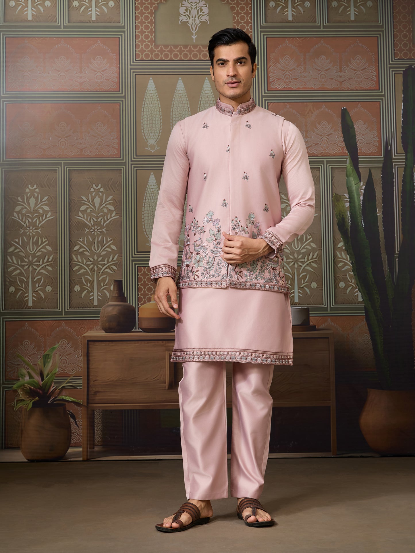 Elegant Blush Pink Embroidered Kurta Set for Men