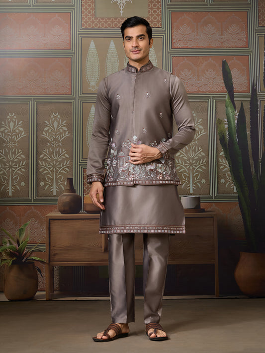 Elegant Taupe Embroidered Kurta Set – Regal Charm in Subtle Tones