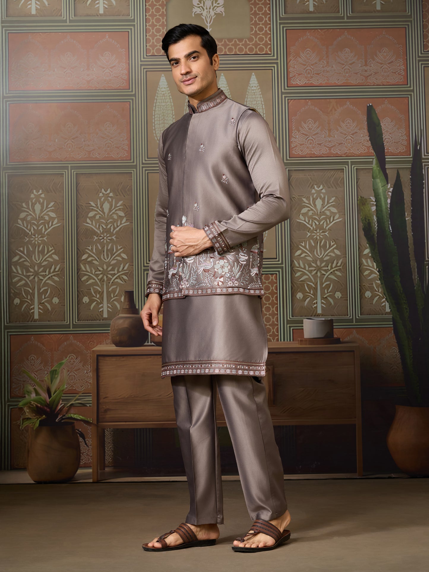 Elegant Taupe Embroidered Kurta Set – Regal Charm in Subtle Tones