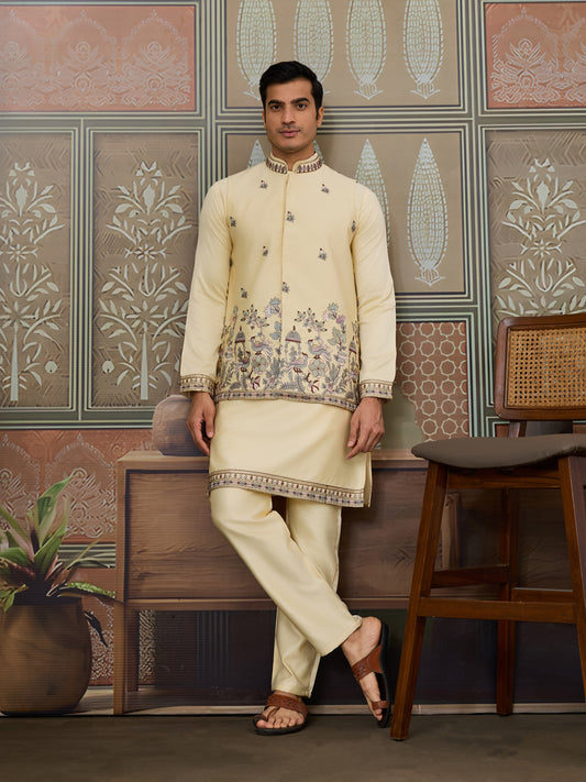 Light Yellow Silk Embroidered Kurta Set – Subtle Luxury for Festive Elegance