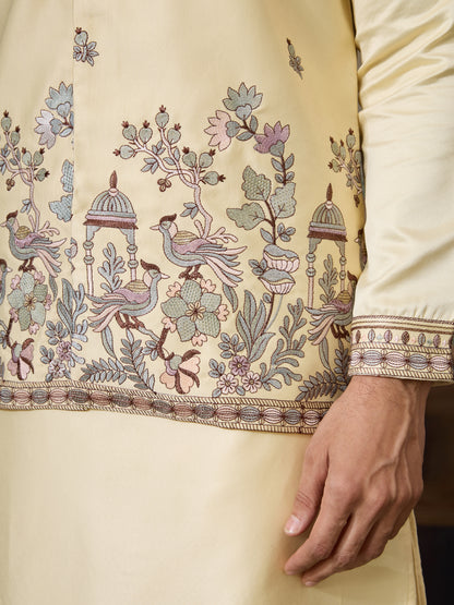Light Yellow Silk Embroidered Kurta Set – Subtle Luxury for Festive Elegance