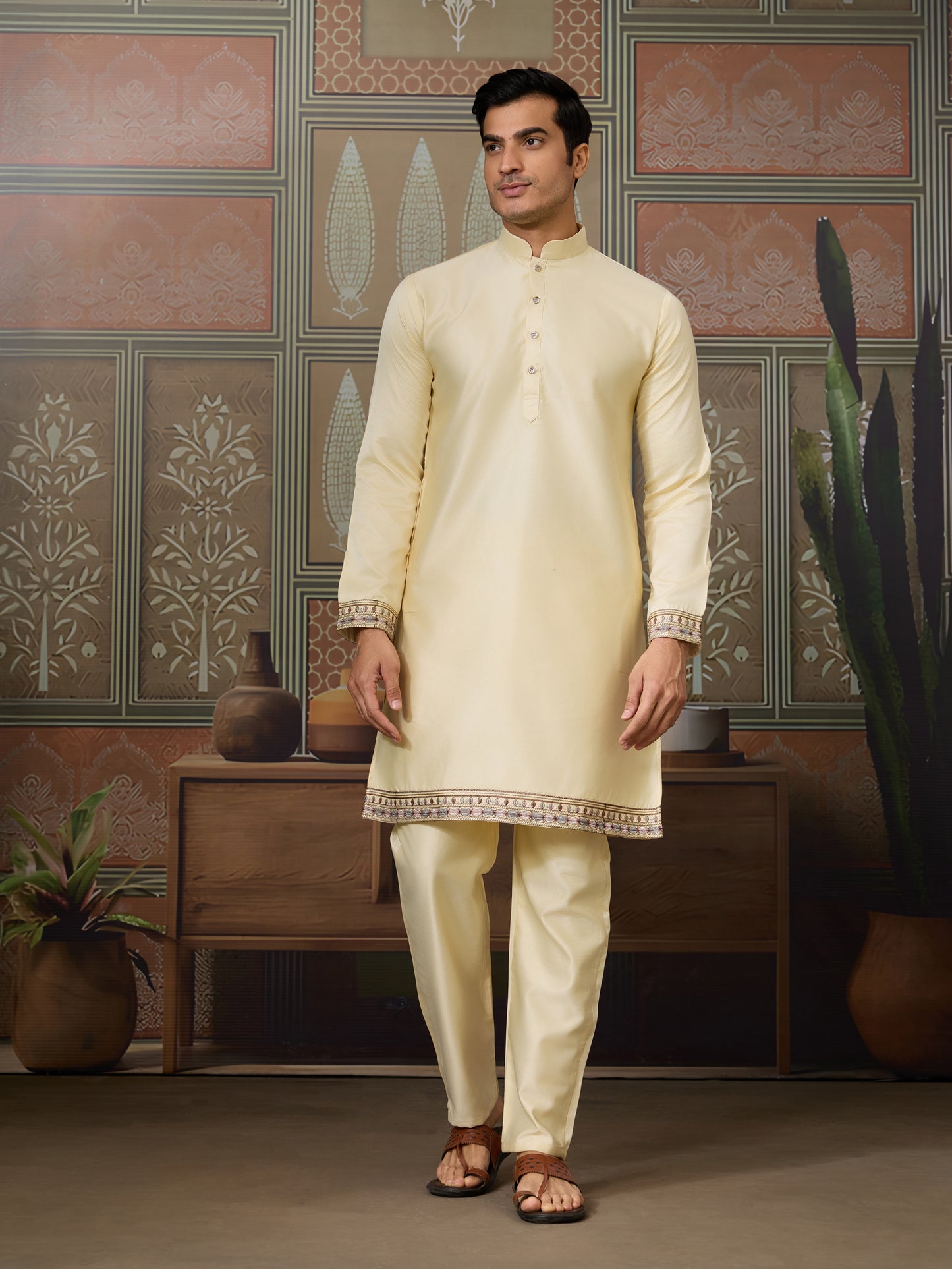 Light Yellow Silk Embroidered Kurta Set – Subtle Luxury for Festive Elegance