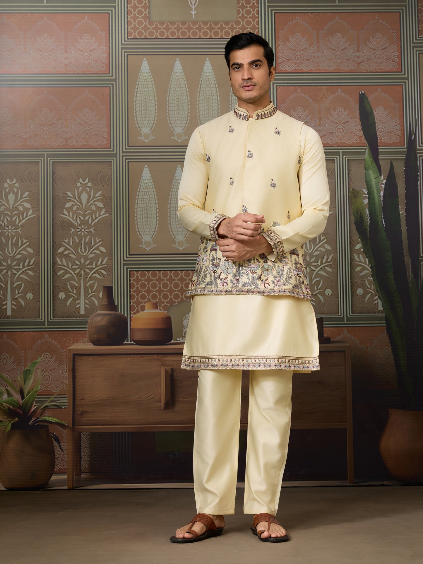Light Yellow Silk Embroidered Kurta Set – Subtle Luxury for Festive Elegance
