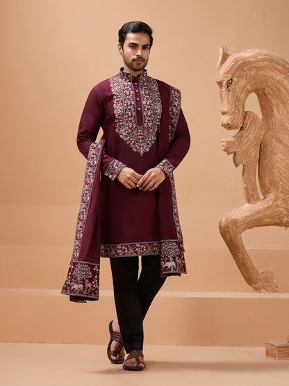 Royal Maroon Embroidered Kurta Set – Timeless Festive Elegance