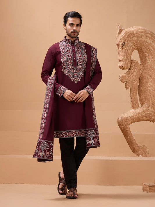 Royal Maroon Embroidered Kurta Set – Timeless Festive Elegance