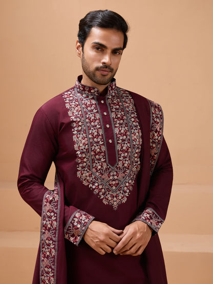 Royal Maroon Embroidered Kurta Set – Timeless Festive Elegance