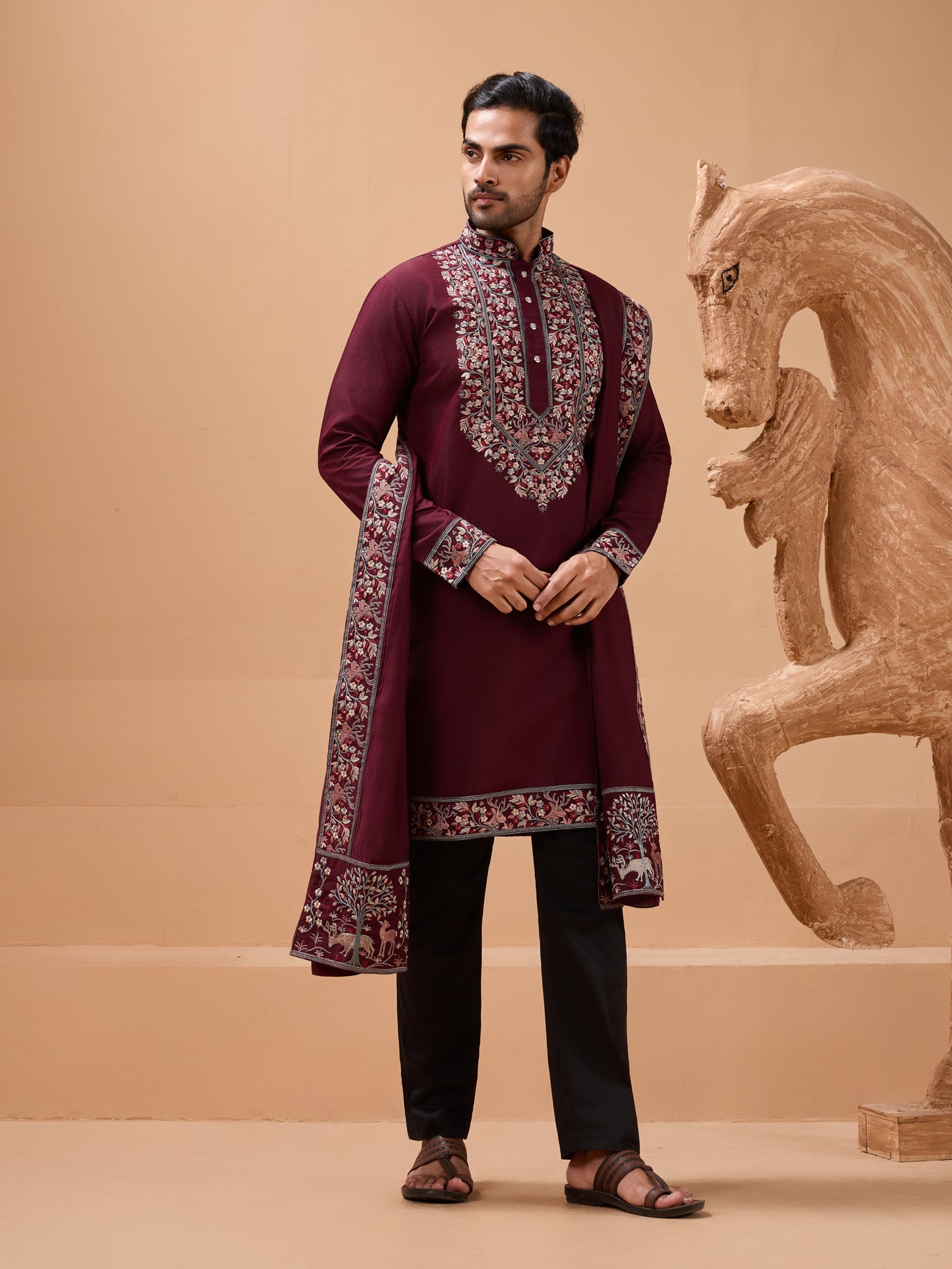 Royal Maroon Embroidered Kurta Set – Timeless Festive Elegance