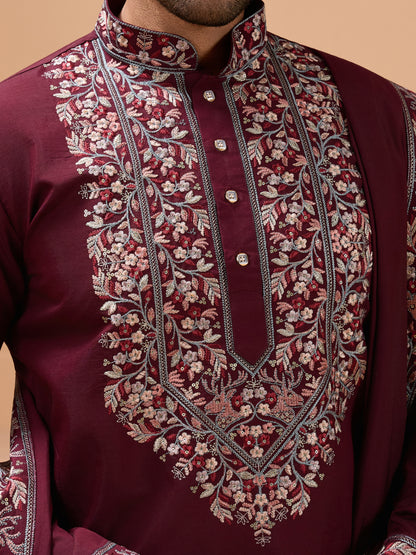 Royal Maroon Embroidered Kurta Set – Timeless Festive Elegance