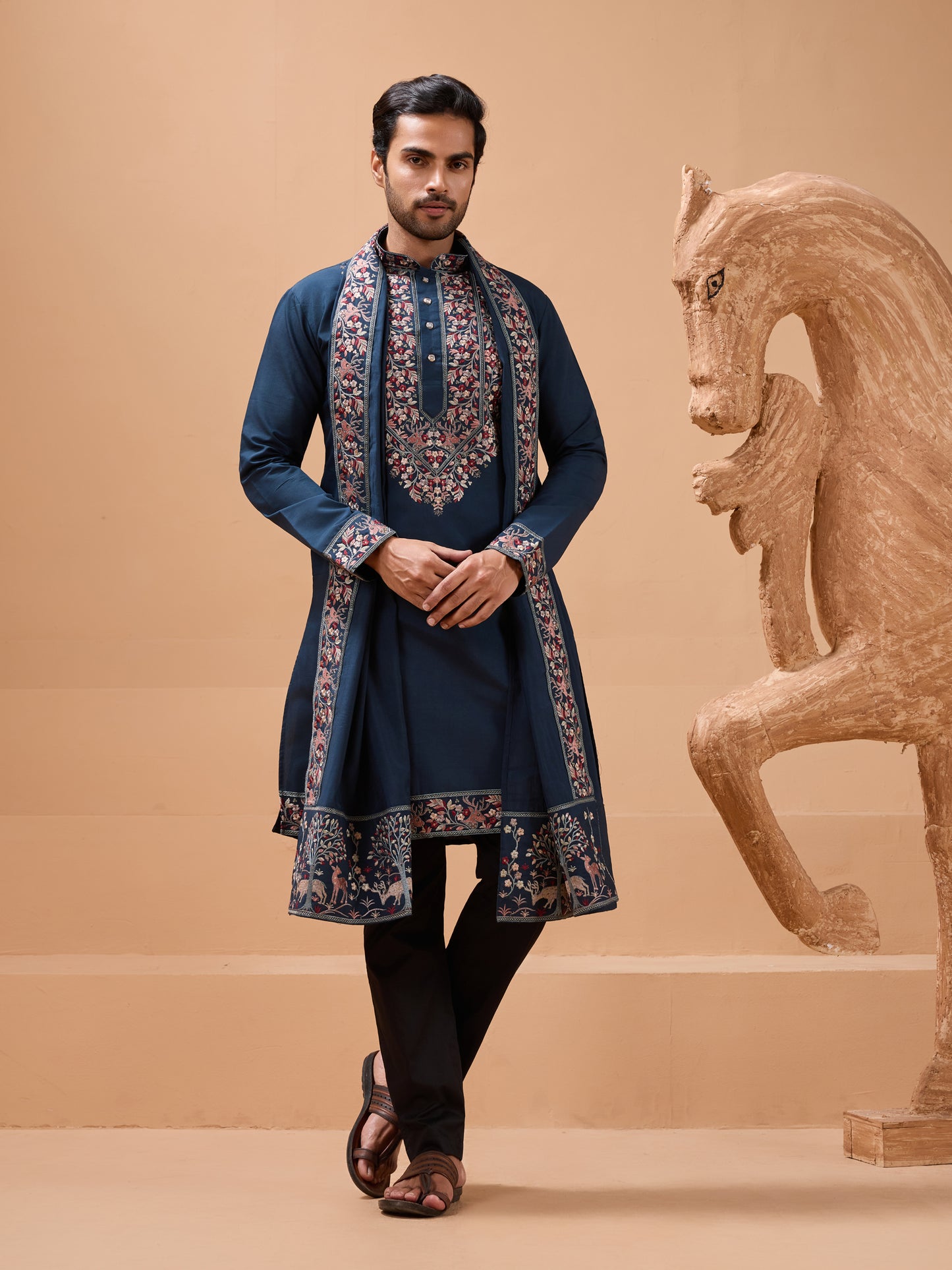 Royal Teal Blue Embroidered Kurta Set – Timeless Ethnic Elegance for Men
