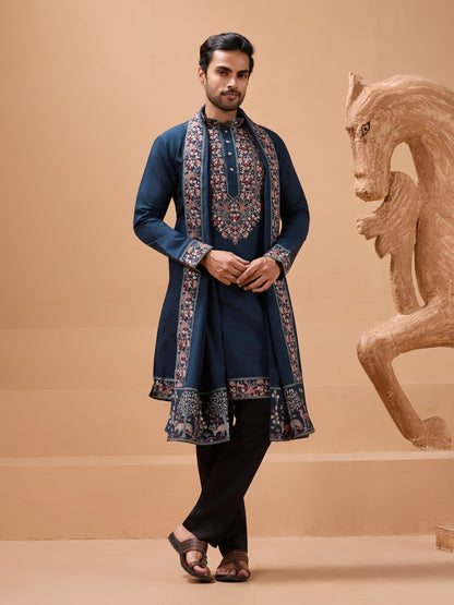 Royal Teal Blue Embroidered Kurta Set – Timeless Ethnic Elegance for Men