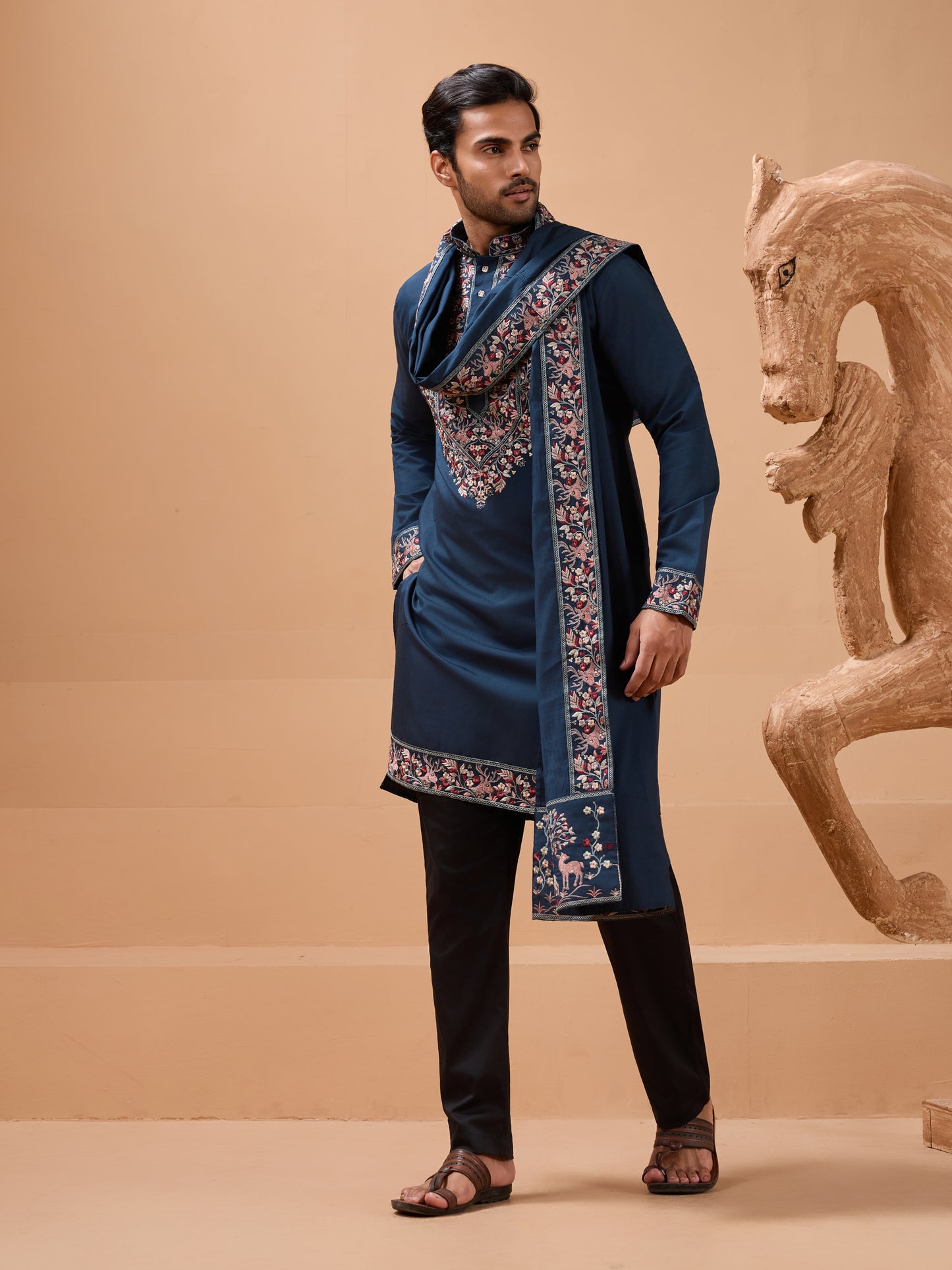 Royal Teal Blue Embroidered Kurta Set – Timeless Ethnic Elegance for Men