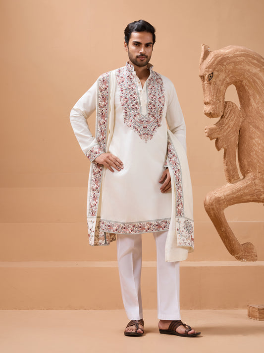 Ivory Royale Embroidered Kurta Set – Graceful Festive Wear for Men