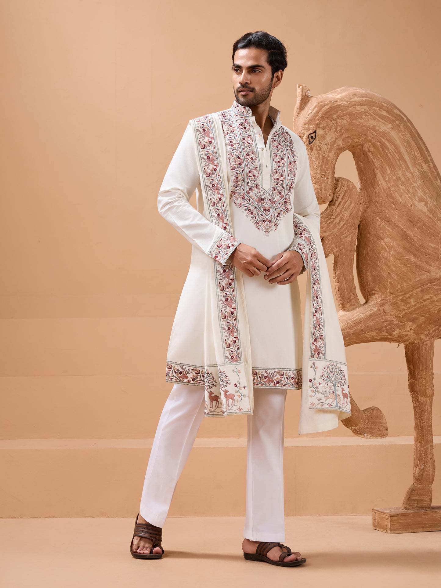 Ivory Royale Embroidered Kurta Set – Graceful Festive Wear for Men