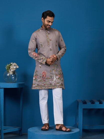 Elegant Grey Embroidered Kurta – Perfect for the Wedding Season