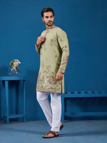 Pastel Green Embroidered Kurta – A Fresh Take on Wedding Elegance