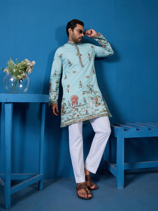 Mint Blue Embroidered Kurta – Fresh Elegance for the Wedding Season