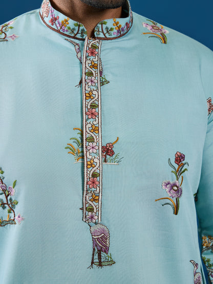 Mint Blue Embroidered Kurta – Fresh Elegance for the Wedding Season