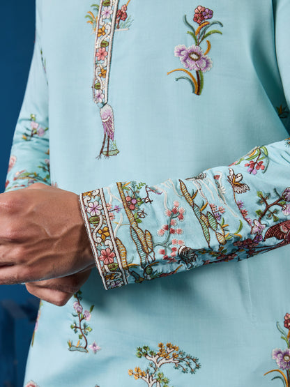 Mint Blue Embroidered Kurta – Fresh Elegance for the Wedding Season