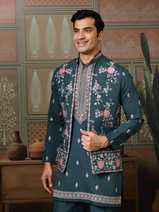 Emerald Green Floral Embroidered Kurta Set