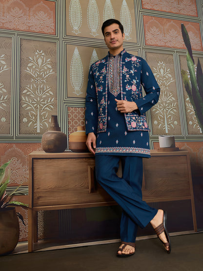 Teal Blue Embroidered Kurta Set
