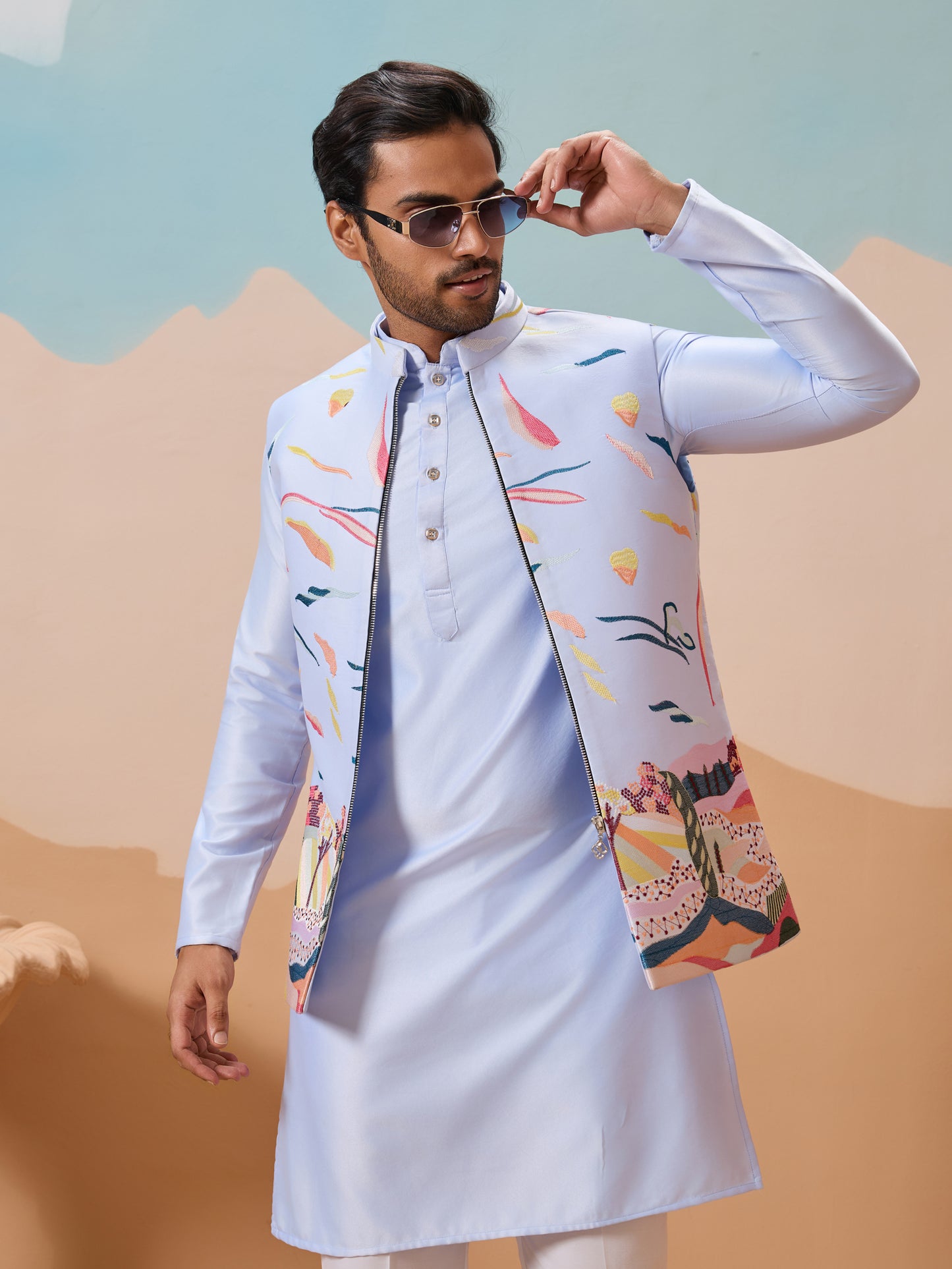 Sky Blue Artistic Embroidered Kurta Set – A Canvas of Modern Elegance
