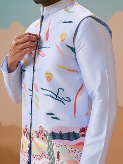 Sky Blue Artistic Embroidered Kurta Set – A Canvas of Modern Elegance