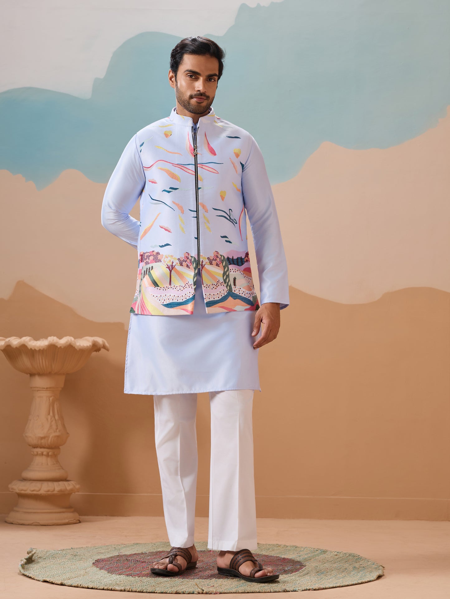 Sky Blue Artistic Embroidered Kurta Set – A Canvas of Modern Elegance