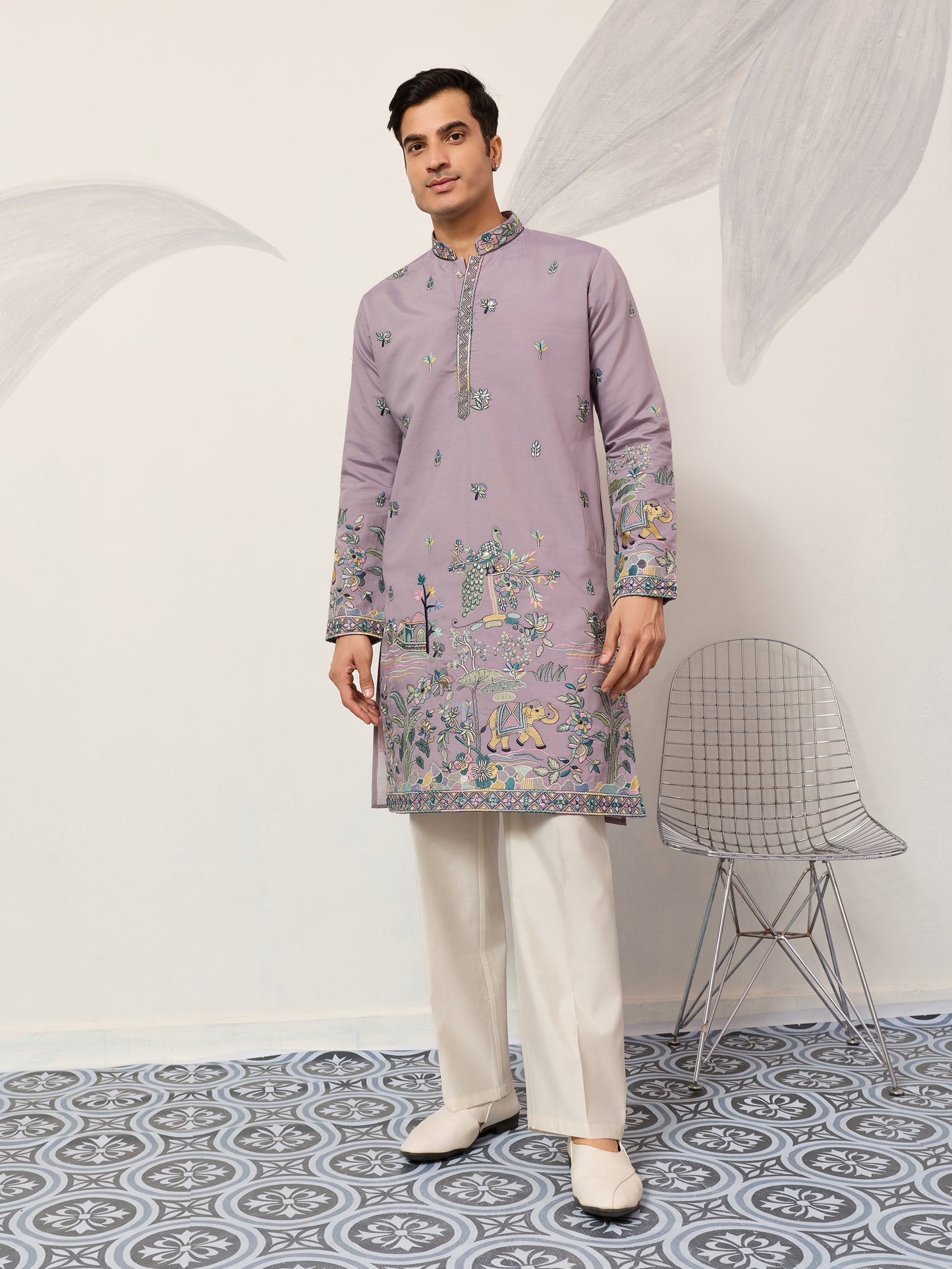 Lavender Embroidered Kurta with Peacock & Elephant Motif