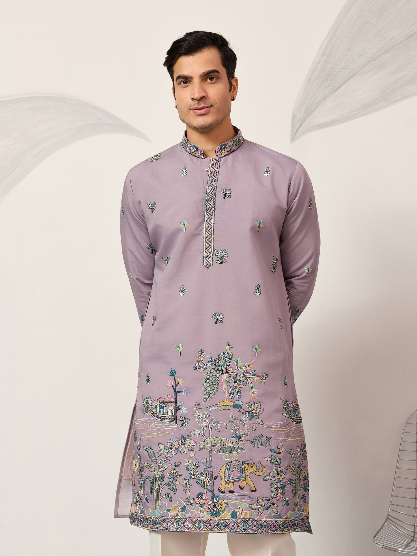 Lavender Embroidered Kurta with Peacock & Elephant Motif