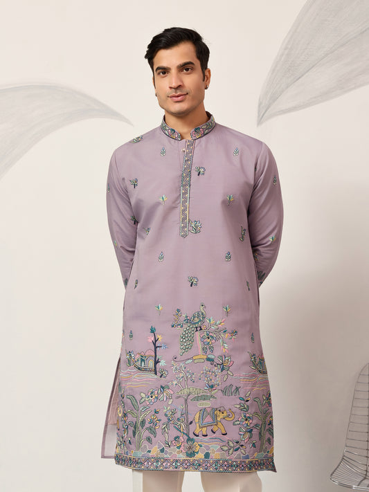 Lavender Embroidered Kurta with Peacock & Elephant Motif