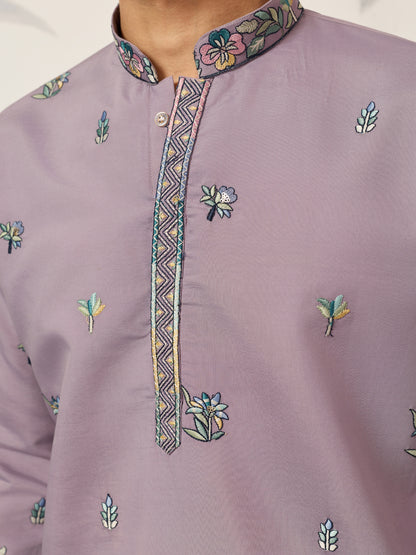 Lavender Embroidered Kurta with Peacock & Elephant Motif