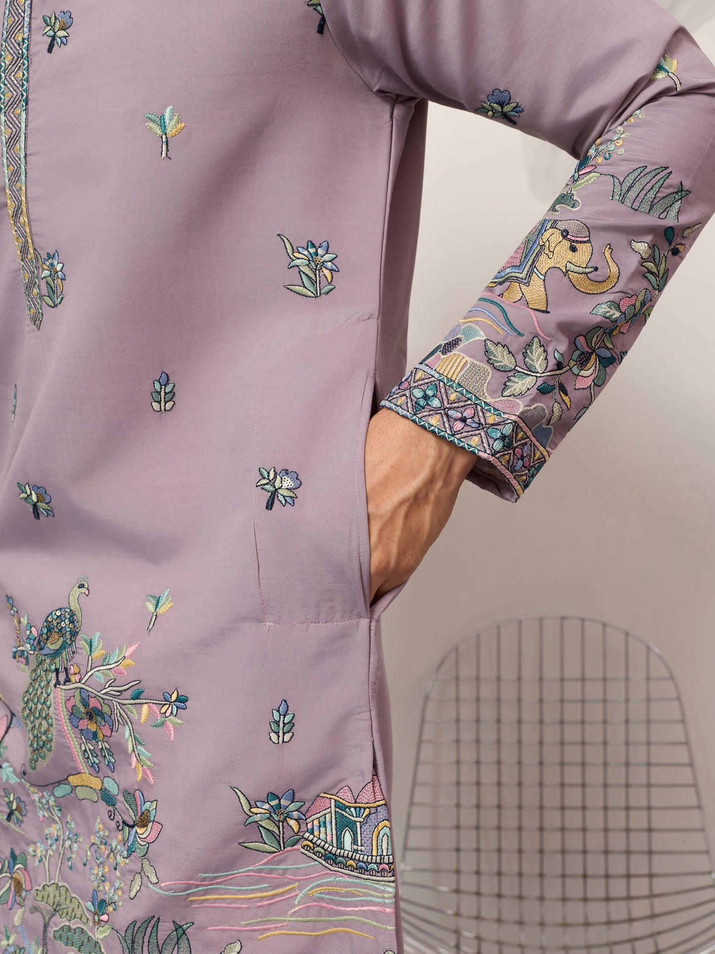 Lavender Embroidered Kurta with Peacock & Elephant Motif